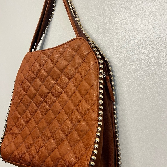 Big Buddha Large Quilted Tan Shoulder Bag Gold Beads Striped Interior Lining - Picture 3 of 7